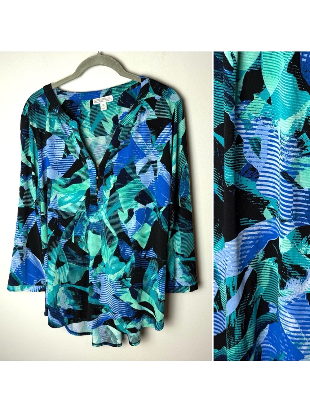 Dana Buchman Blouse Size XL Top 3/4 Sleeves Stretch Black Teal Blue Green V-Neck